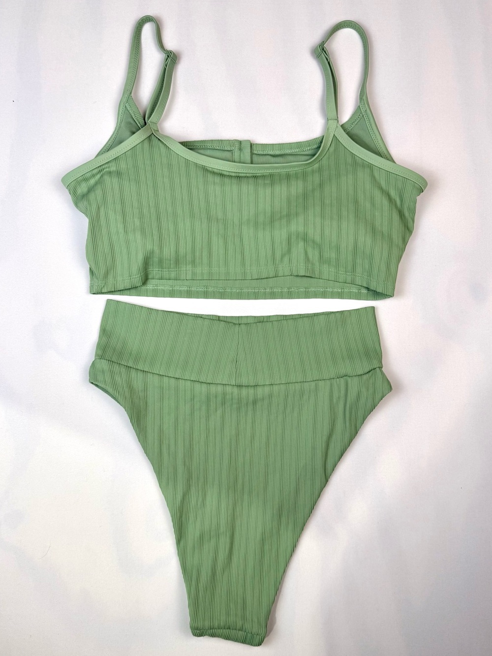Aerie Ribbed Sage Green High Cut Cheeky Bikini Set Scoop Top Mixed Sizes M/L - Picture 2 of 12